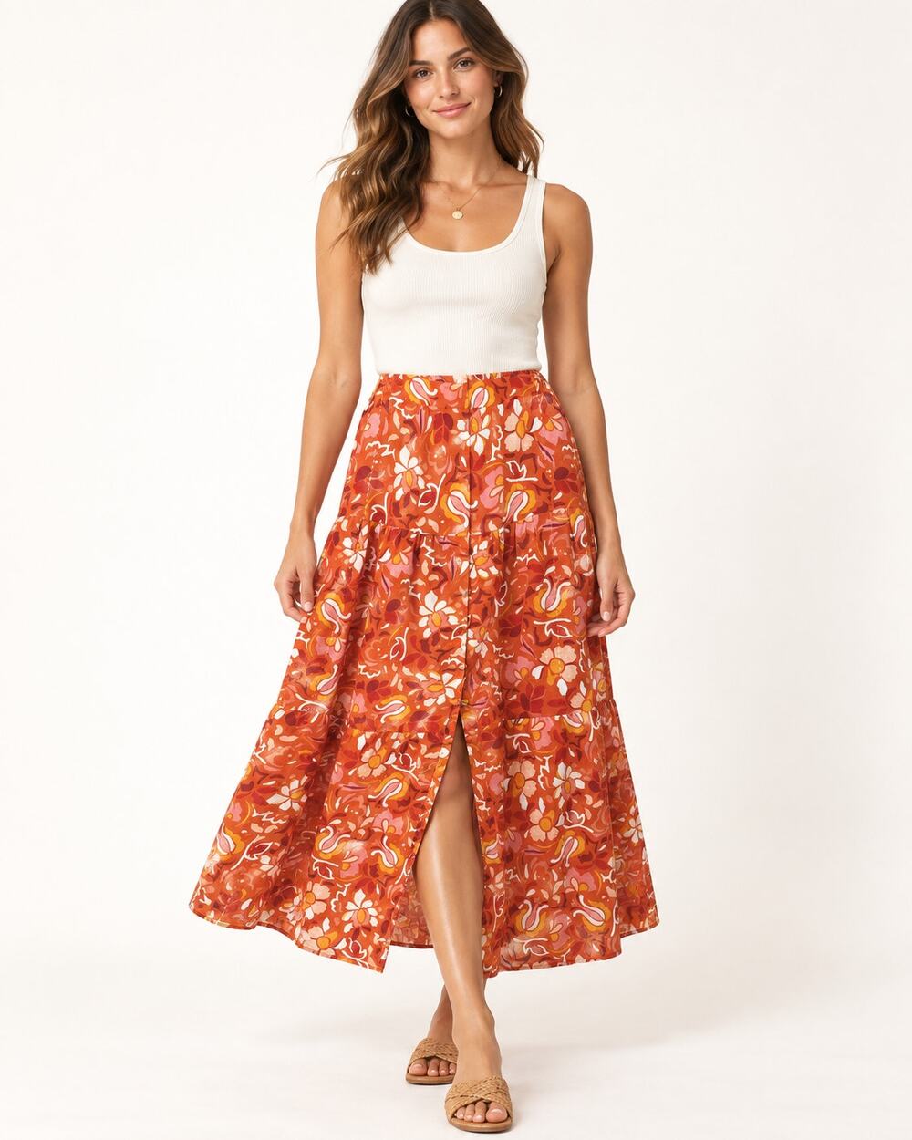 Midnight Sky Floral Linen Blend Tiered Button Front Midi Skirt Large Boho